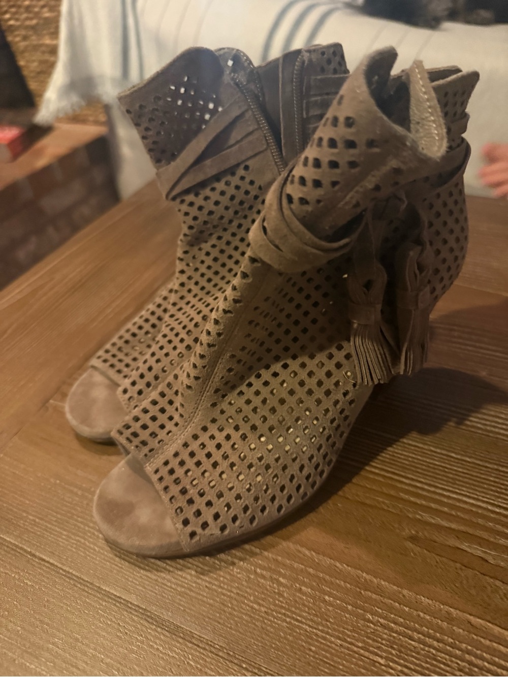 Women's Brown Perforated Peep-Toe Ankle Booties with Tassel Detail